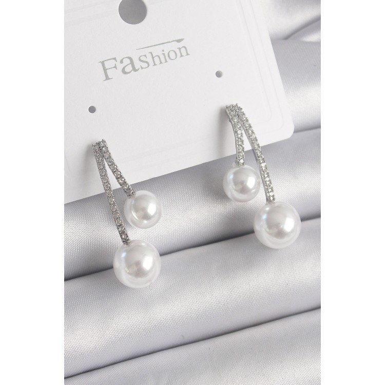 Brass Silver Color Zircon Stone Branch Model Pearl Women's Earrings - TJ-BKP9855