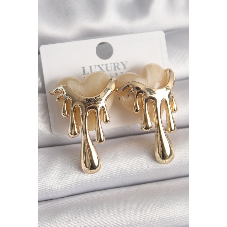 Pirinç Gold Renk Beyaz Sedefli Akan Kalp Model Kadın Küpe - TJ-BKP9893