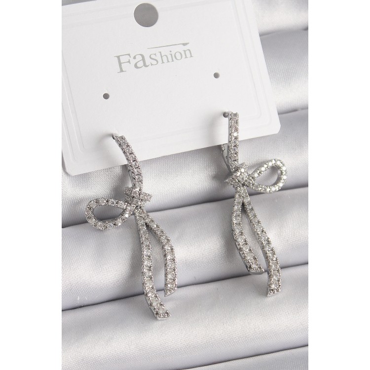 Brass Silver Color Zircon Stone Ribbon Model Women's Earrings - TJ-BKP9898