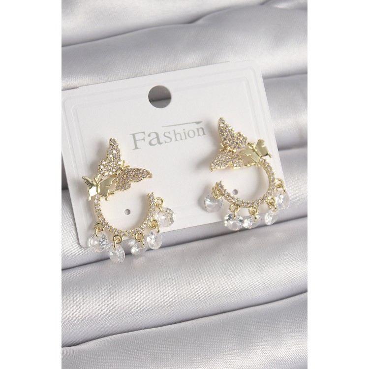 Pirinç Gold Renk Zirkon Taşlı Sallantı Detay Kelebek Model Kadın Küpe - TJ-BKP9901