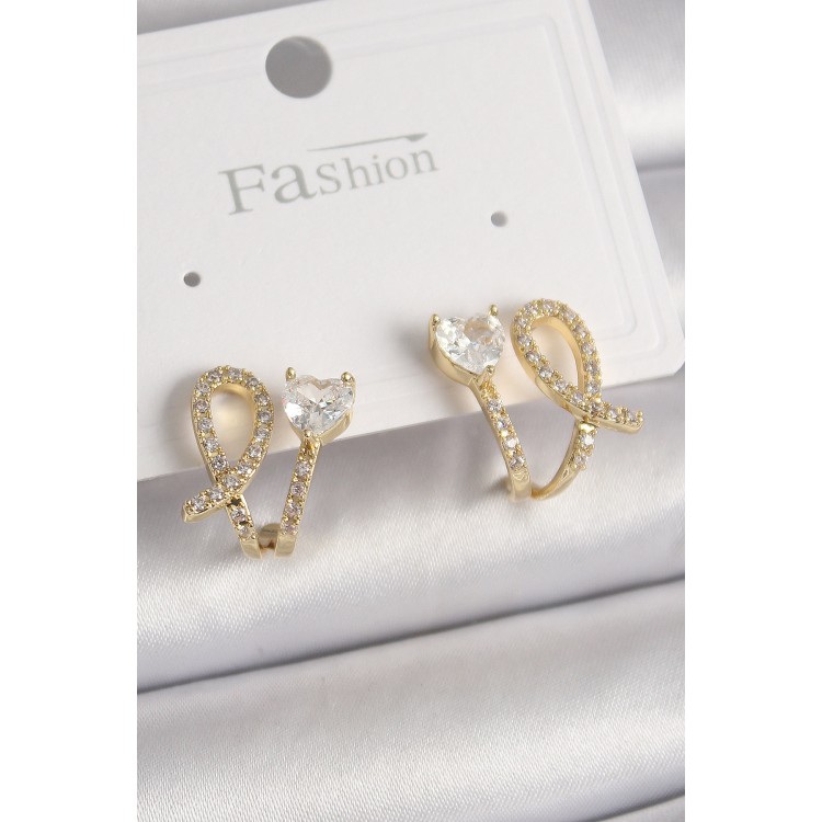 Pirinç Gold Renk Düğüm Model Zirkon Taşlı Kalp Detay Kadın Küpe - TJ-BKP9909