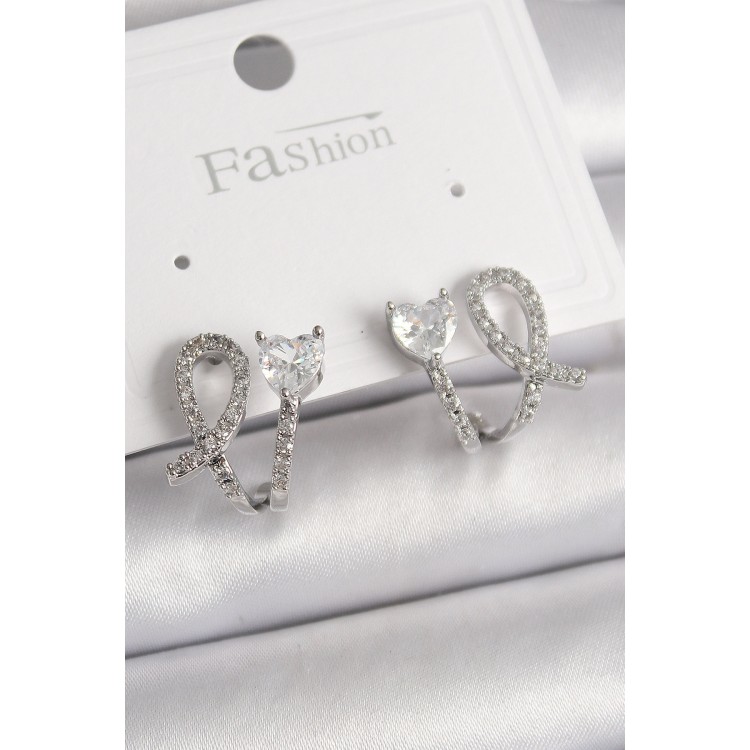 Pirinç Gümüş Renk Düğüm Model Zirkon Taşlı Kalp Detay Kadın Küpe - TJ-BKP9910