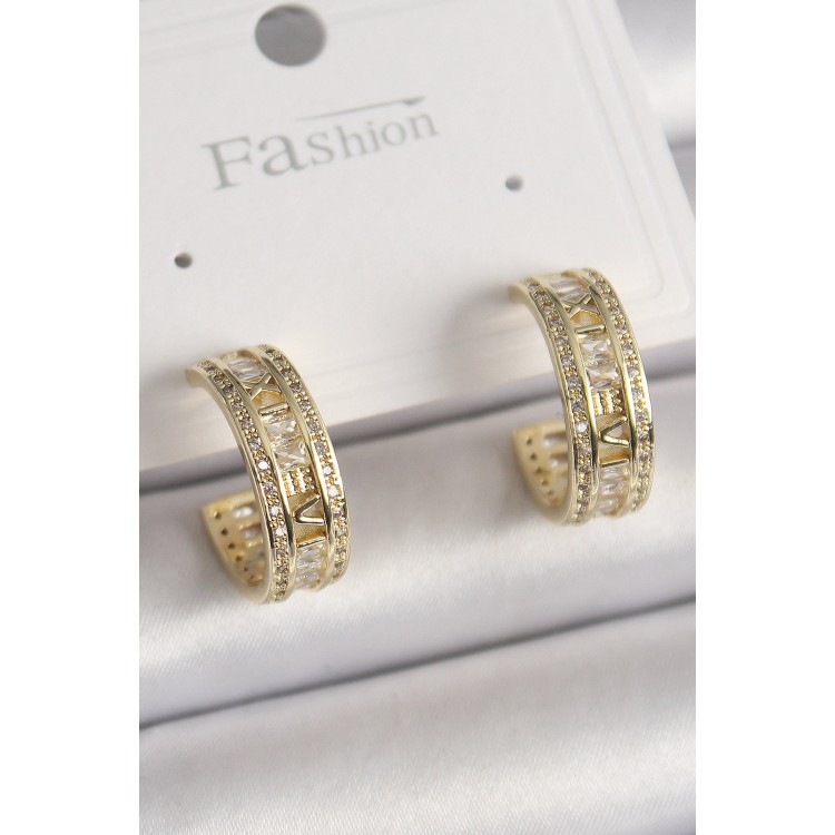 Pirinç Gold Renk Zirkon Taşlı İşleme Detay Halka Model Kadın Küpe - TJ-BKP9913