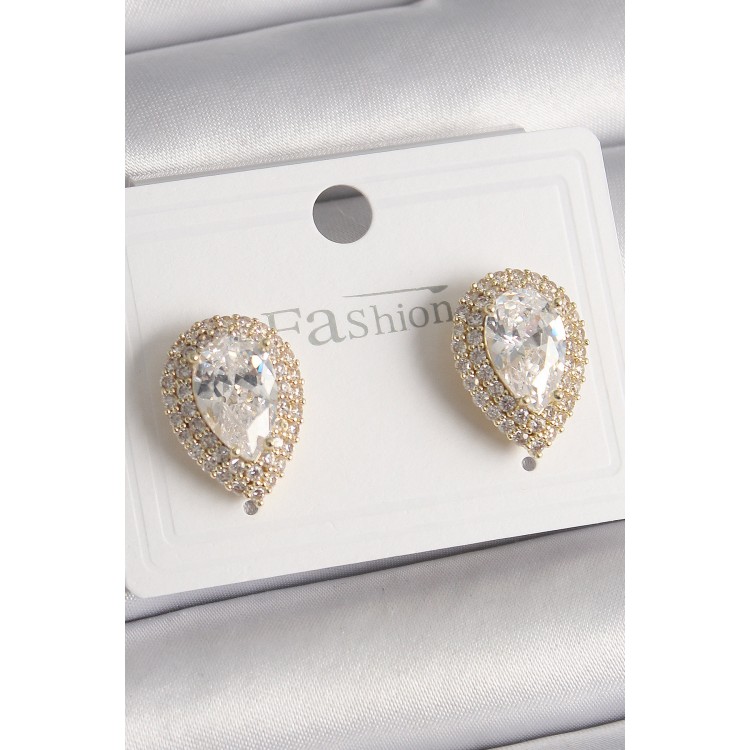 Pirinç Gold Renk Zirkon Taşlı Damla Model Kadın Küpe - TJ-BKP9917