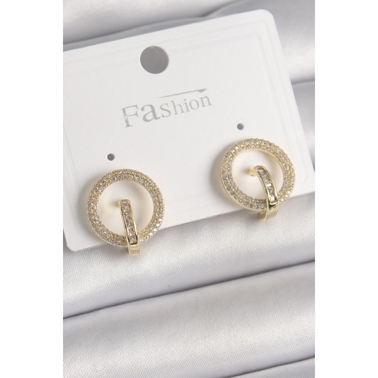 Pirinç Gold Renk Zirkon Taşlı Halka Model Kadın Küpe - TJ-BKP9923