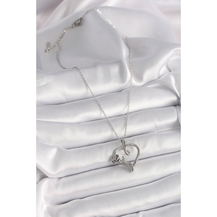 316L Steel Silver Color Chain Zircon Stone Heart Figure Rose Detail Women's Necklace - TJ-BKO9657
