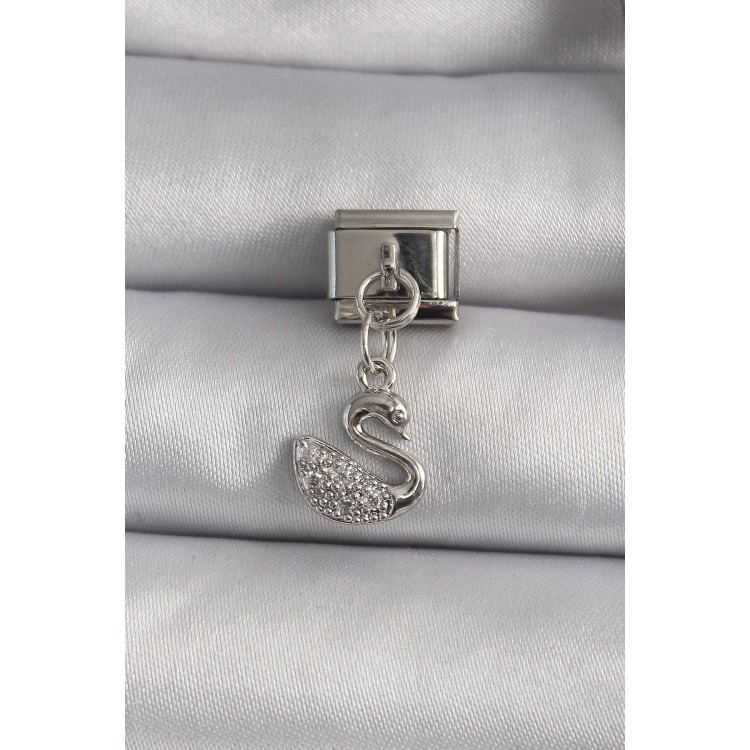 316L Çelik Gümüş Renk Zirkon Taşlı Sallantı Kuğu Model Nomination Charm - TJ-BC1110