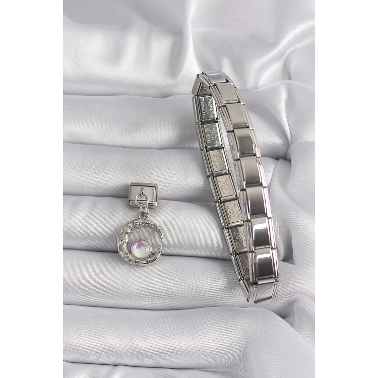 316L Çelik Gümüş Renk Sallantı Hilal Model Beyaz Sedef Detay Nomination Charm - TJ-BC1155