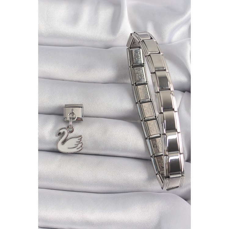 316L Çelik Gümüş Renk Sallantı Beyaz Kuğu Model Nomination Charm - TJ-BC1160