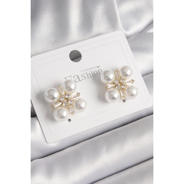 Pirinç Gold Renk Zirkon Taşlı İncili Kadın Küpe - TJ-BKP9947