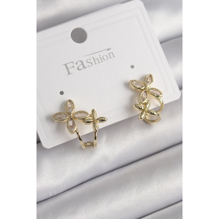 Pirinç Gold Renk Zirkon Taşlı 2'Li Çiçek Model Kadın Küpe - TJ-BKP9961