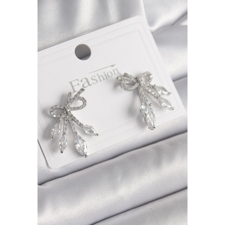 Pirinç Gümüş Renk Zirkon Taşlı Düğüm Model Damla Zirkon Taşlı Kadın Küpe - TJ-BKP9972