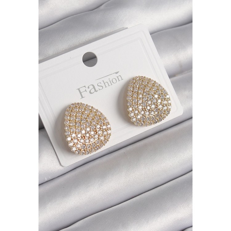 Pirinç Gold Renk Zirkon Taşlı Plaka Model Kadın Küpe - TJ-BKP9979