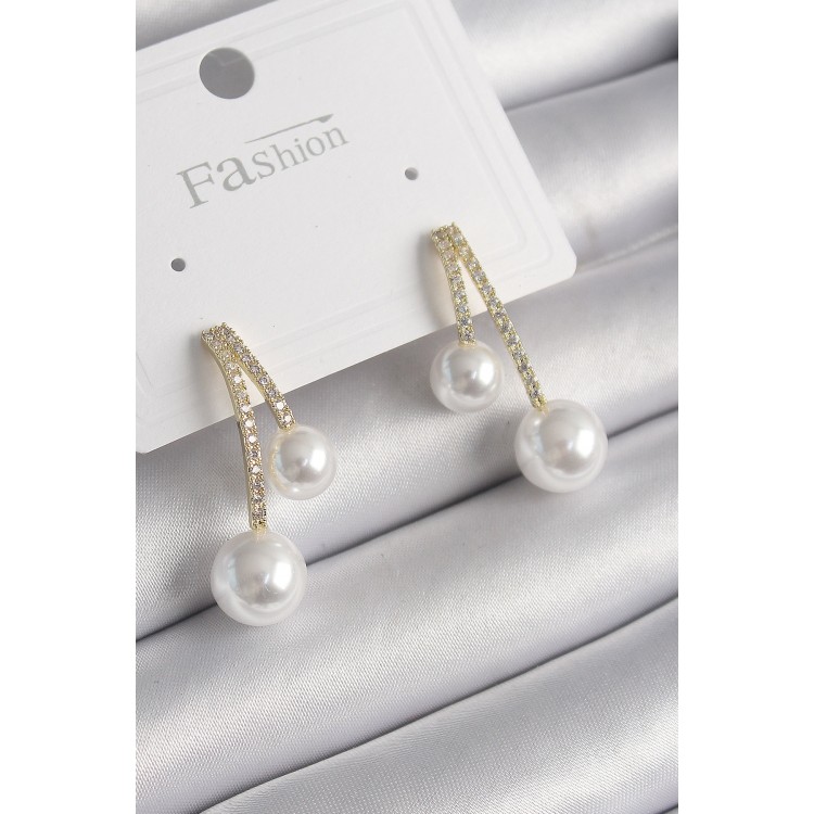 Brass Gold Color Zircon Stone Pendant Model Pearl Detail Women's Earrings - TJ-BKP9985