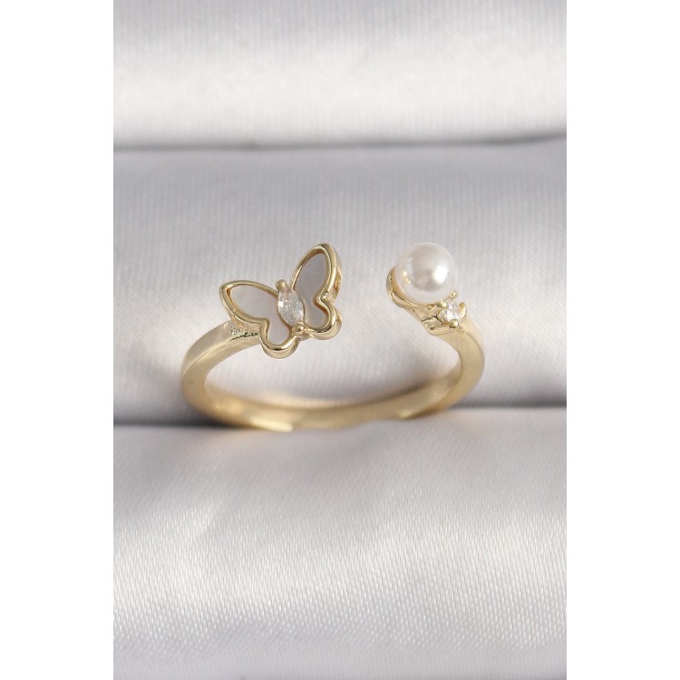 Pirinç Gold Renk Zirkon Taş Detaylı Beyaz Mineli Kelebek Model İnci Detay Ayarlanabilir Yüzük - TJ-BYK3523
