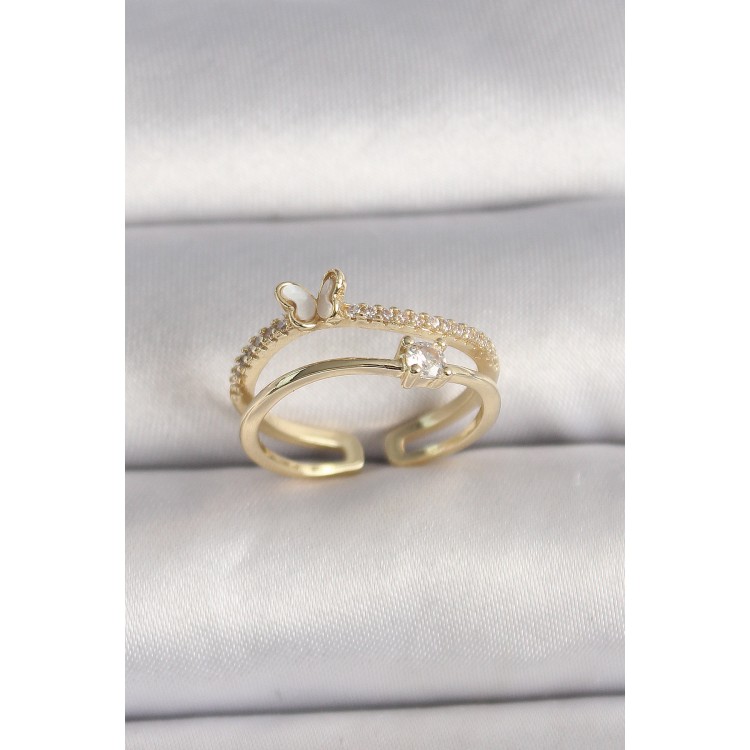 Pirinç Gold Renk Zirkon Taş Detaylı Kelebek Figür Ayarlanabilir Yüzük - TJ-BYK3527