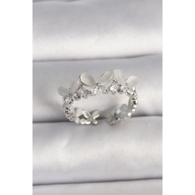 Pirinç Gümüş Renk Zirkon Taşlı Beyaz Mineli Kelebek Model Ayarlanabilir Yüzük - TJ-BYK3530