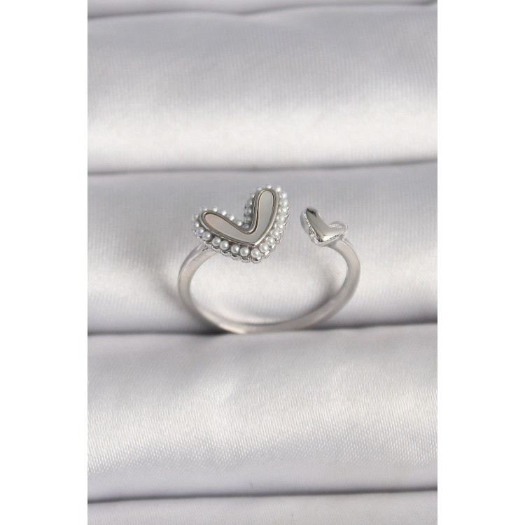 Pirinç Gümüş Renk Beyaz Mineli İnci Detaylı Kalp Model Ayarlanabilir Yüzük - TJ-BYK3536