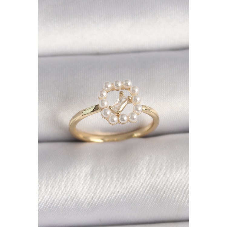 Pirinç Gold Renk Zirkon Taş Detaylı İncili Ayarlanabilir Yüzük - TJ-BYK3541