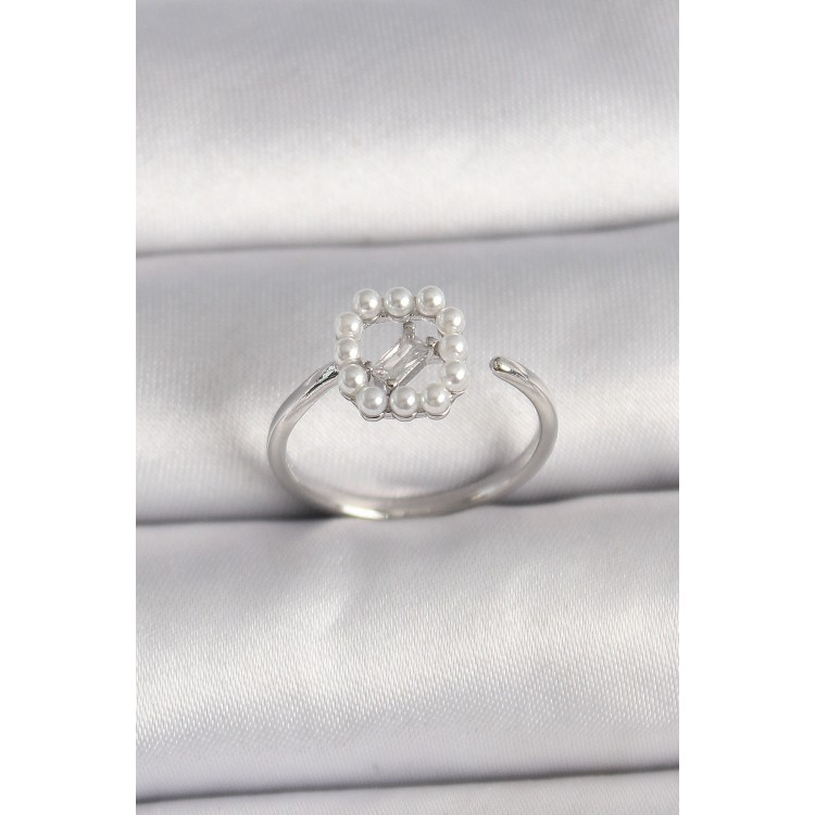 Pirinç Gümüş Renk Zirkon Taş Detaylı İncili Ayarlanabilir Yüzük - TJ-BYK3542