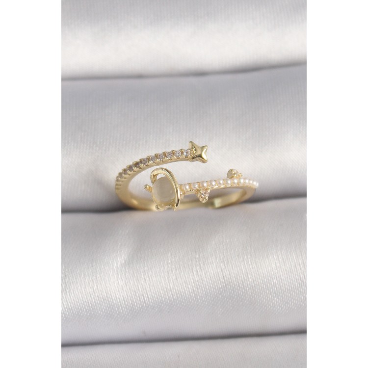 Brass Gold Color Zircon Stone White Enamel Star Detail Adjustable Women's Ring - TJ-BYK3569