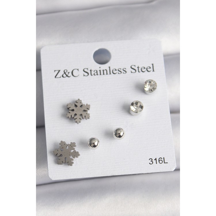 316L Çelik Gümüş Renk Zirkon Taşlı Kar Tanesi Model Kadın Küpe Seti - TJ-BKP10014