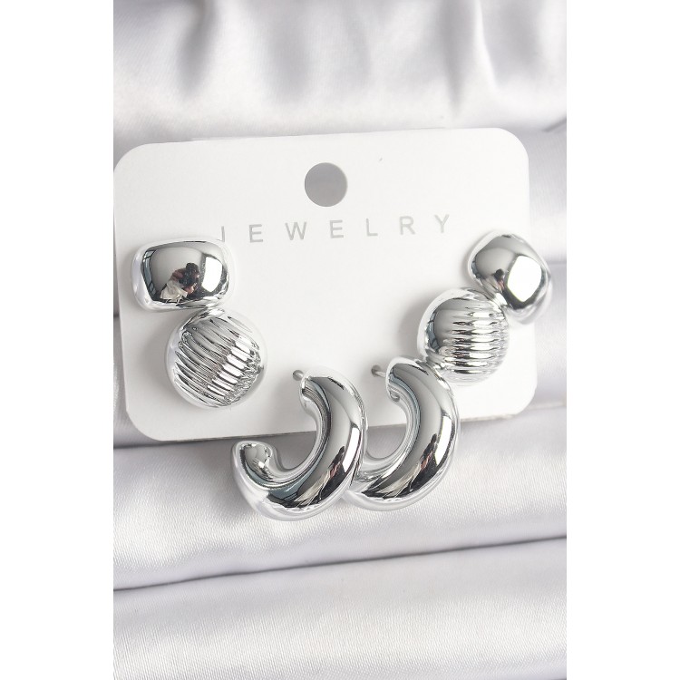 Gümüş Renk İşlemeli Daire Halka Model CCB Platik Kadın Küpe Seti - TJ-BKP10025