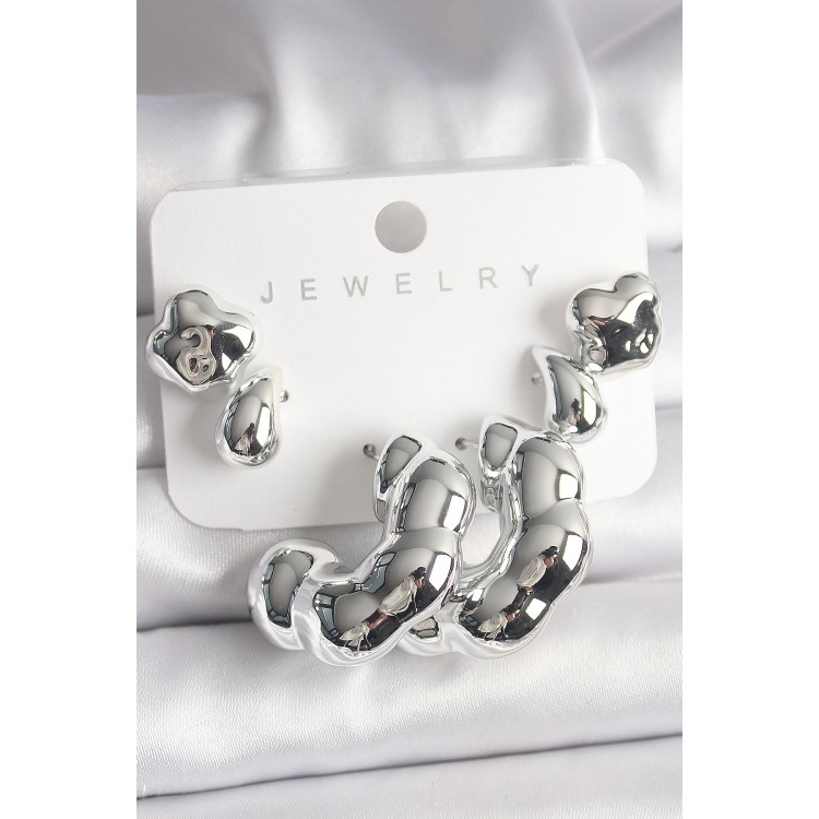 Gümüş Renk Yonca Damla Halka Model CCB Plastik Kadın Küpe Seti - TJ-BKP10027