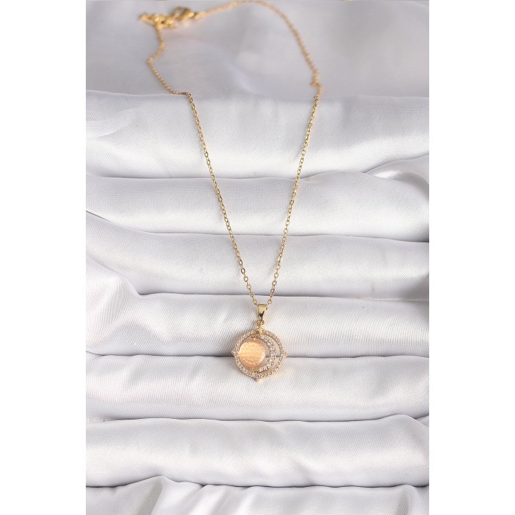 316L Çelik Gold Renk Zirkon Taşlı Turuncu Sedefli Hilal Model Kadın Kolye - TJ-BKO9704