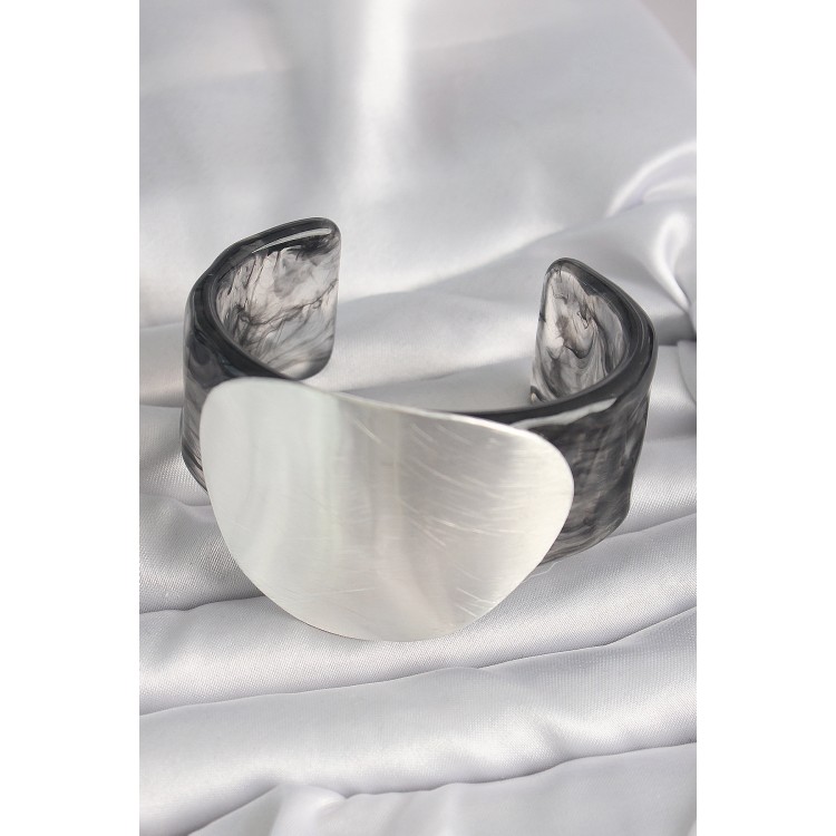 Siyah Mermer Desen Akrilik Pilastik Gümüş Plaka Model Vintage Kadın Bilezik - TJ-BB6669