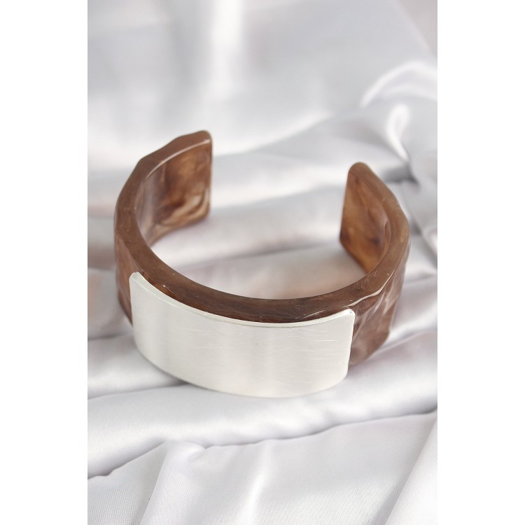 Kahverengi Mermer Desen Akrilik Plastik Gümüş Dikdörtgen Plaka Vintage Kadın Bilezik - TJ-BB6676