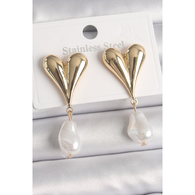 Pirinç Gold Renk Kalp Model Sallantı İnci Damla Model Kadın Küpe - TJ-BKP10075