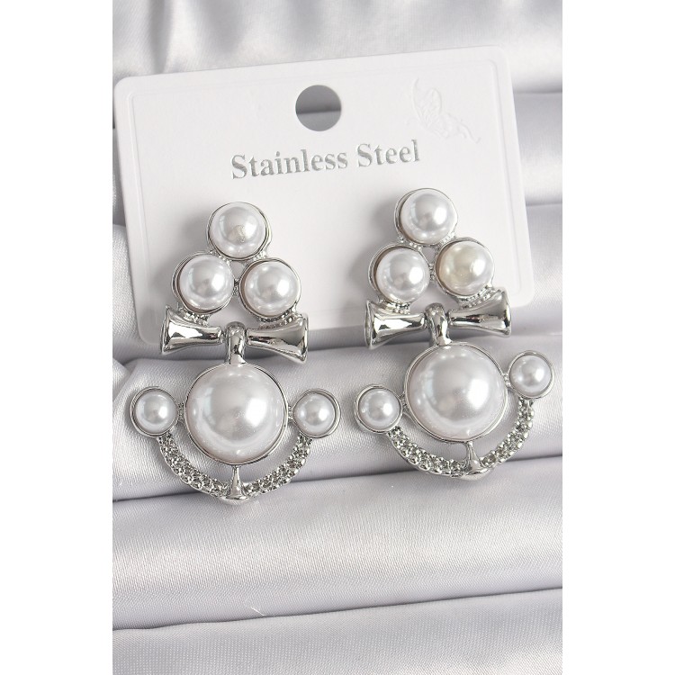 Pirinç Gümüş Renk Sallantı İncili Çapa Model Kadın Küpe - TJ-BKP10086