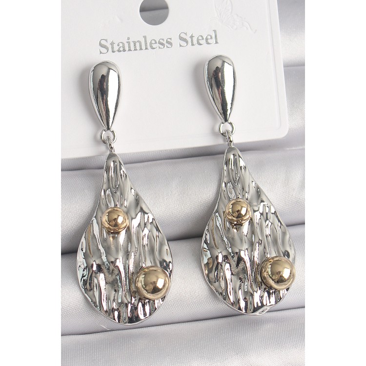 Pirinç Gümüş Renk Sallantı Damla Model Gold Topçuk Detay Kadın Küpe - TJ-BKP10088