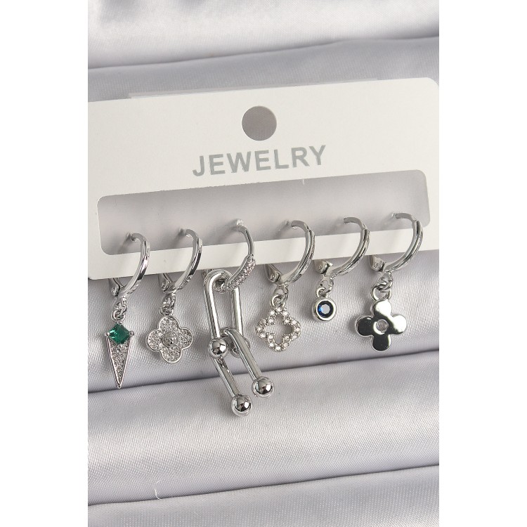 Pirinç Gümüş Renk Zirkon Taşlı Çoklu Figür Kadın Küpe Seti - TJ-BKP10095