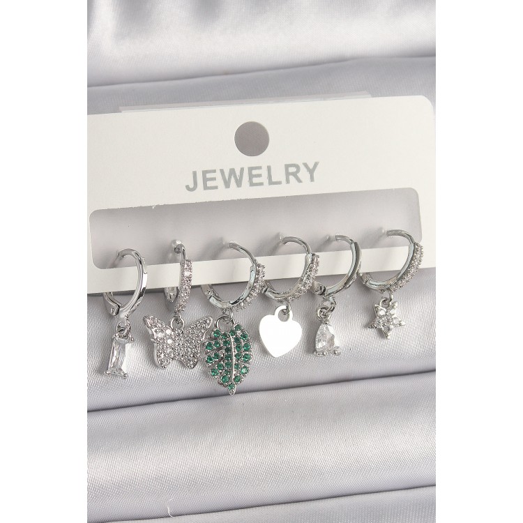 Pirinç Gümüş Renk Zirkon Taşlı Çoklu Figür Kadın Küpe Seti - TJ-BKP10097