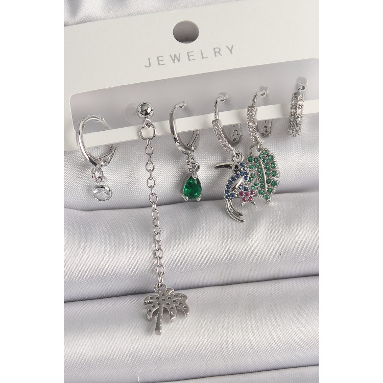 Pirinç Gümüş Renk Sallantı Zirkon Taşlı Ağaç Figür Çoklu Kadın Küpe Seti - TJ-BKP10119