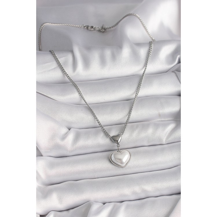 316L Çelik Gümüş Renk Zincir 3D Kalp Model Kadın Kolye - TJ-BKO9771