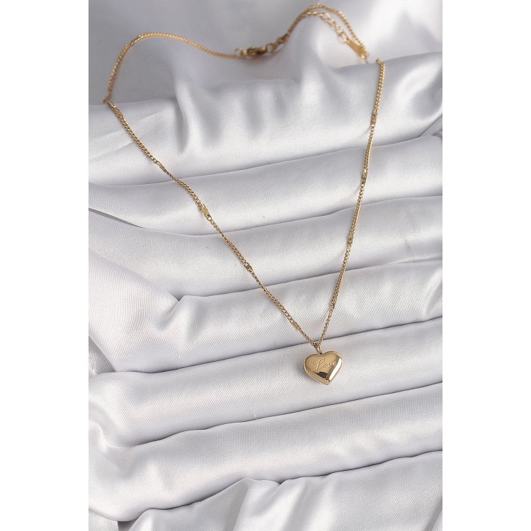 316L Çelik Gold Renk Zincir Love İşlemeli Kalp Figür Kadın Kolye - TJ-BKO9778