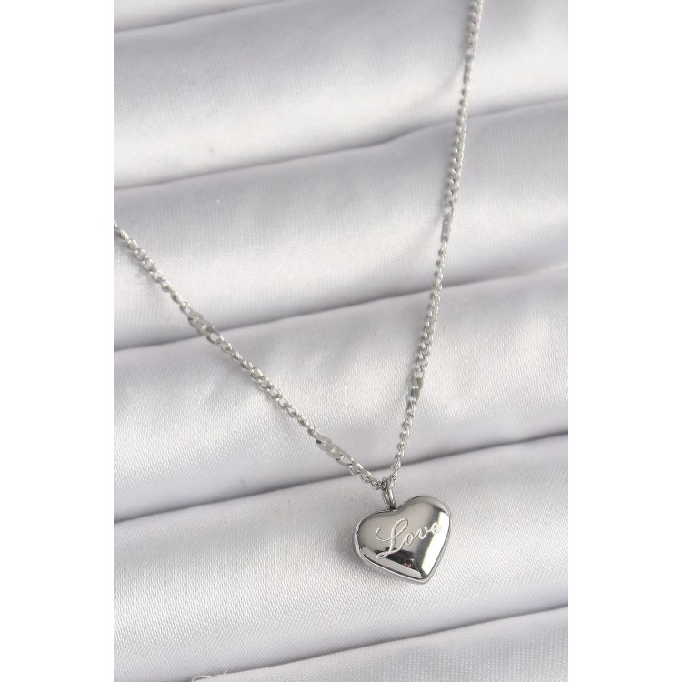 316L Çelik Gümüş Renk Zincir Love İşleme Kalp Figür Kadın Kolye - TJ-BKO9779