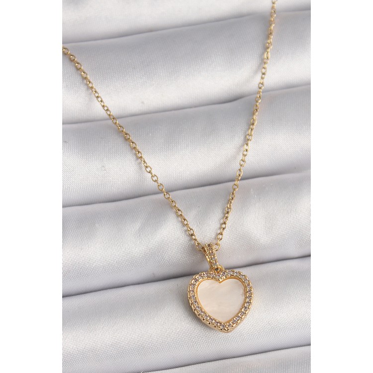316L Çelik Gold Renk Zincir Zirkon Taşlı Beyaz Mineli Kalp Model Kadın Kolye - TJ-BKO9780