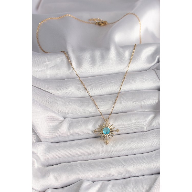 316L Çelik Gold Renk Zincir Mavi Taş Detaylı Kuzey Yıldız Model Kadın Kolye - TJ-BKO9806