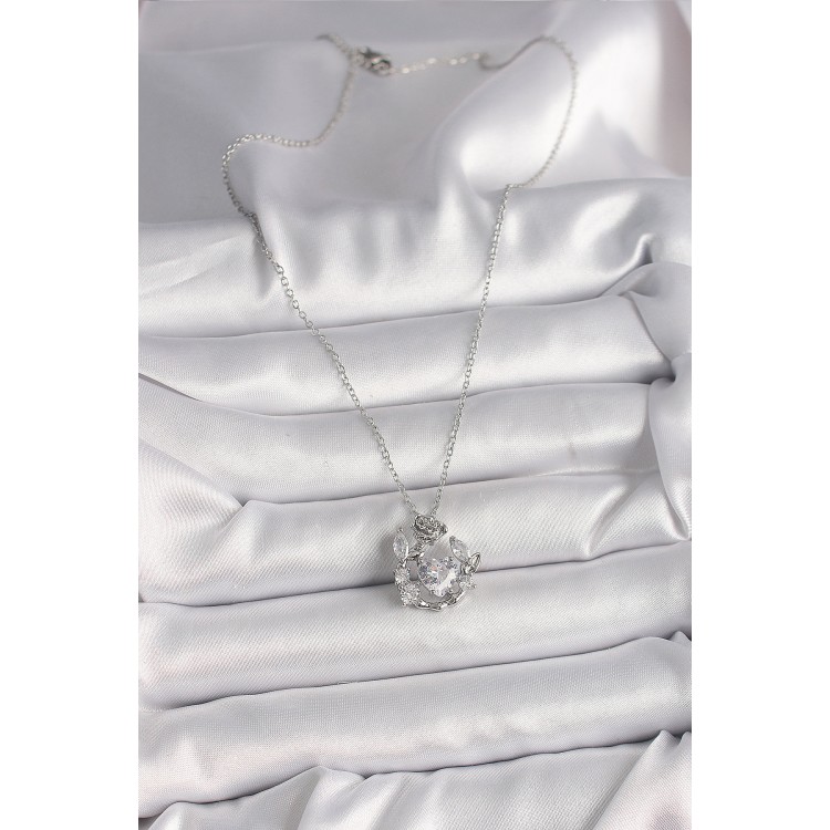 316L Çelik Gümüş Renk Zincir Zirkon Taşlı Kalp Figür Gül Detay Kadın Kolye - TJ-BKO9809