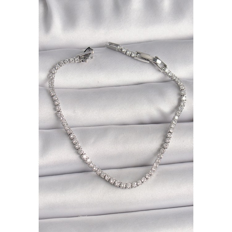 Pirinç Gümüş Renk Su Yolu Zirkon Taşlı Model Kadın Bileklik - TJ-BB6723