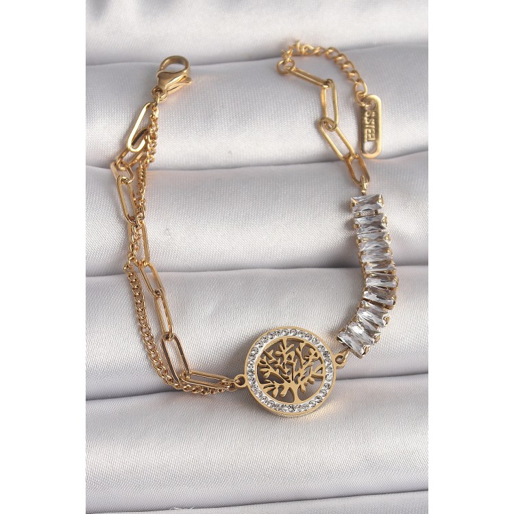 316L Çelik Gold Renk 2'Li Zincir Su Yolu Zirkon Taşlı Yaşam Ağacı Figür Kadın Bileklik - TJ-BB6730