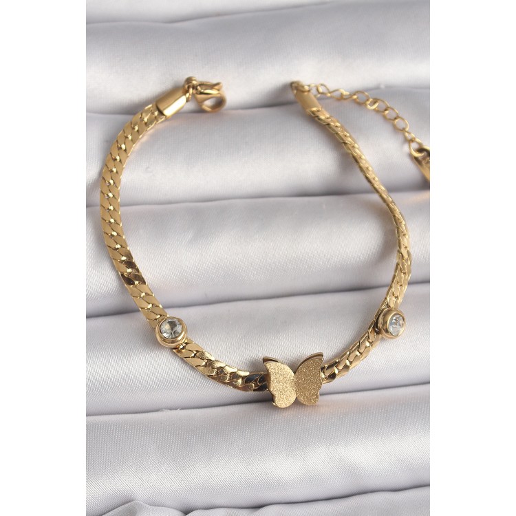 316L Çelik Gold Renk Yassı Zincir Zirkon Taşlı Simli Kelebek Figür Kadın Bileklik - TJ-BB6734