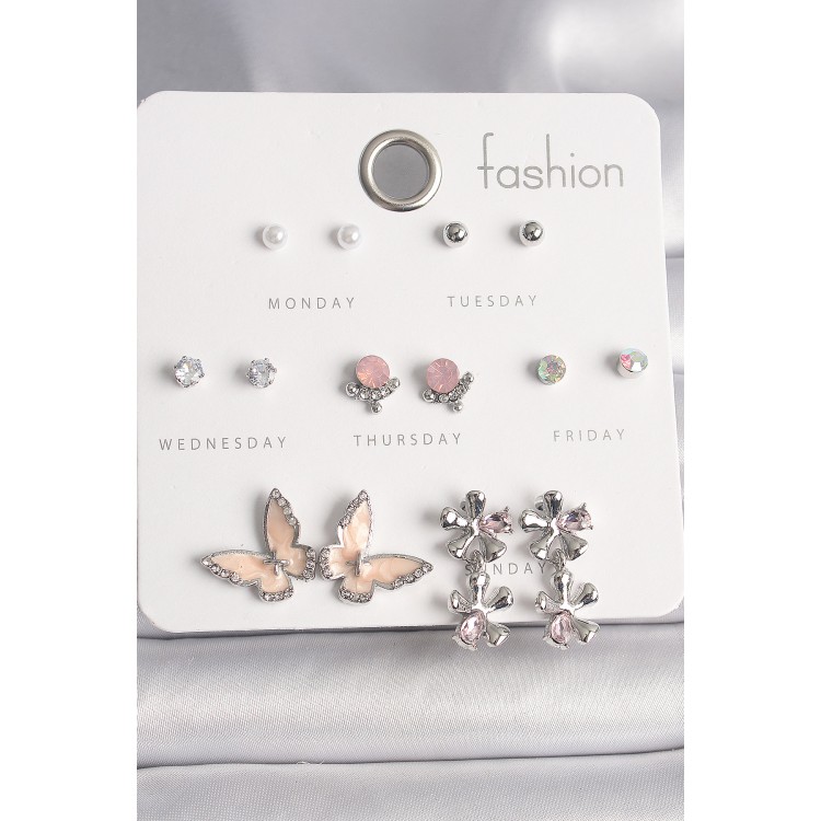 Pirinç Gümüş Renk Zirkon Taşlı Sallantı Çiçek Mineli Kelebek Figür İnci Detay 7 Çift Kadın Küpe Seti - TJ-BKP10138