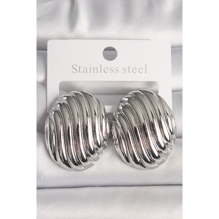 Pirinç Gümüş Renk İşlemeli Oval Model Kadın Küpe - TJ-BKP10150