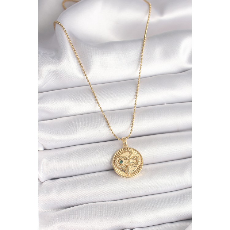 316L Çelik Gold Renk Topçuk Zincir Yılan İşlemeli Zirkon Taş Detaylı Madalyon Model Kadın Kolye - TJ-BKO9844