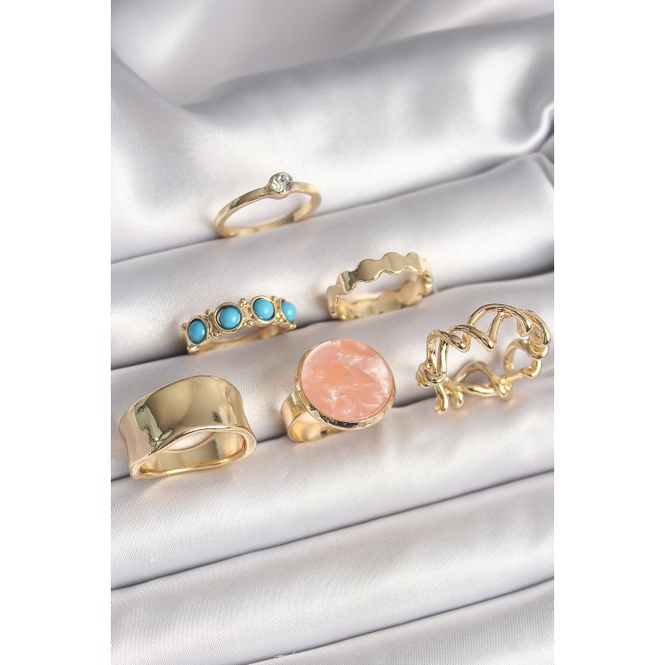 Pirinç Gold Renk Daire Pembe Mineli Zirkon Taş Detaylı 6'Lı Kadın Yüzük Seti - TJ-BYK3610